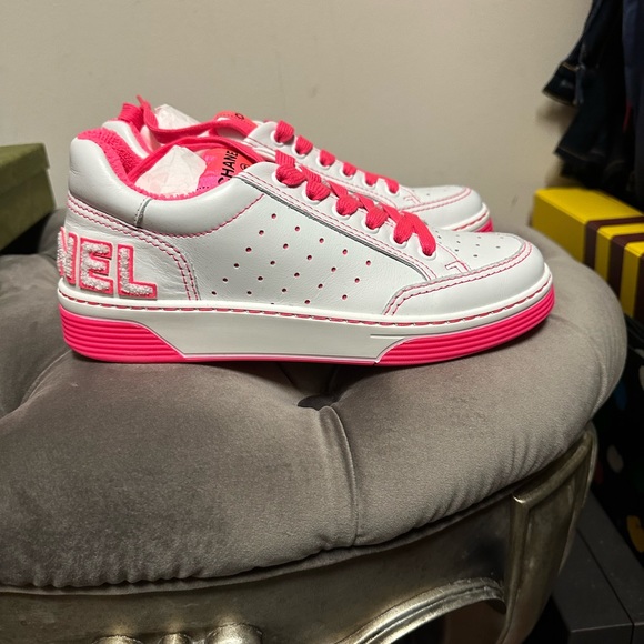Authentic New With Tags Chanel Neon Fuchsia & White Sneakers - Picture 2 of 9